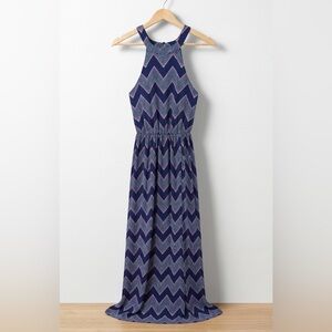 Three Pink Hearts Navy, White, Pink Chevron Halter Maxi Dress Racer Keyhole Back